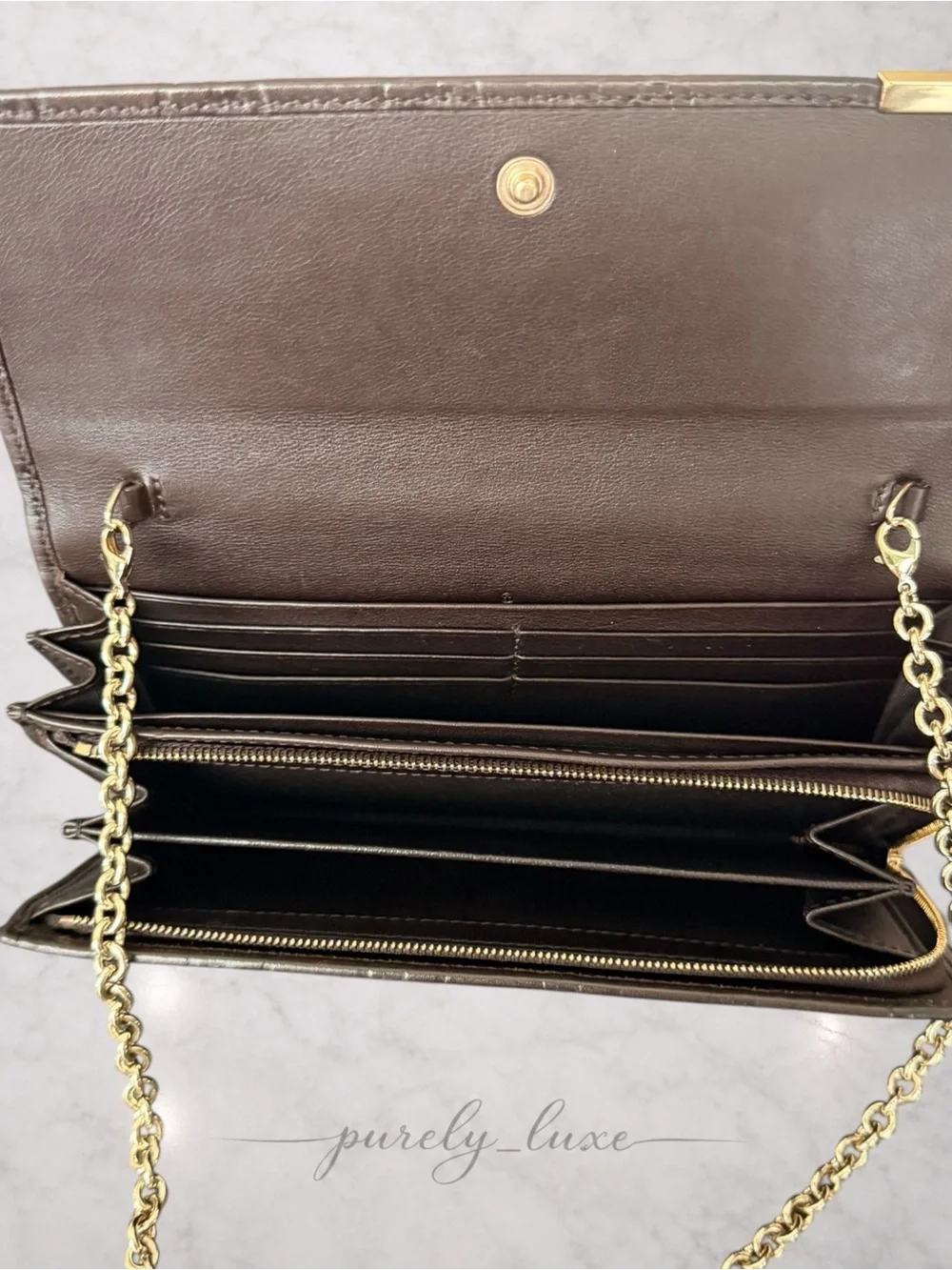 Authentic Gucci Chocolate Brown Embossed GG Leather Chain Clutch- FREE COA